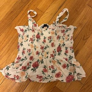 American Eagle Outfitters Cream and Red Sleeveless Camisole with Smocked Ruffles